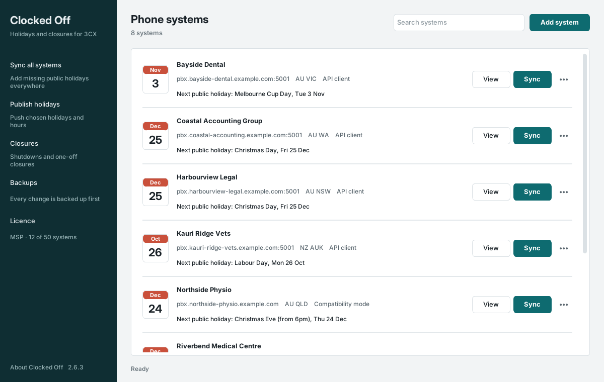 Clocked Off Phone systems screen listing eight client phone systems, each with its next public holiday