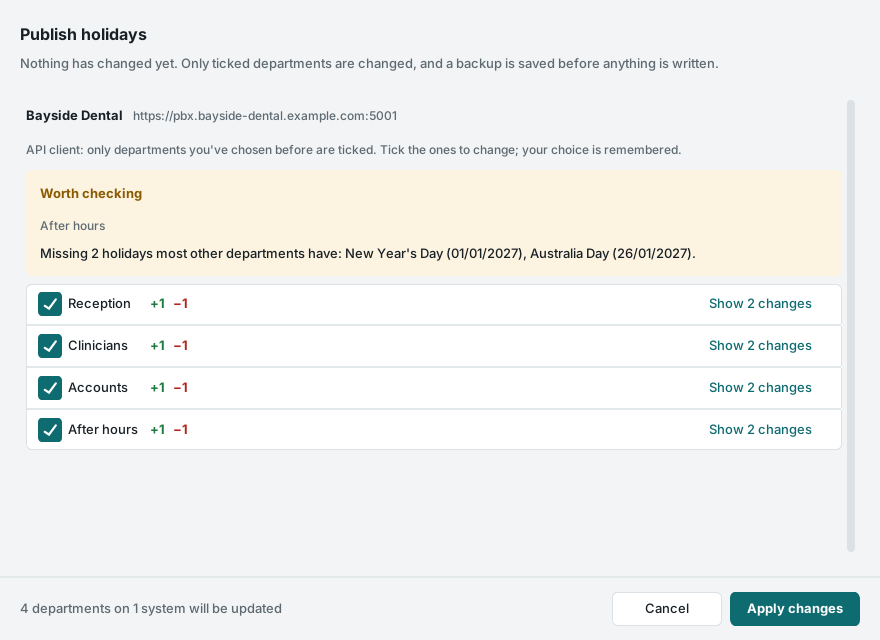 Publish holidays preview with a Worth checking box flagging a department missing two holidays