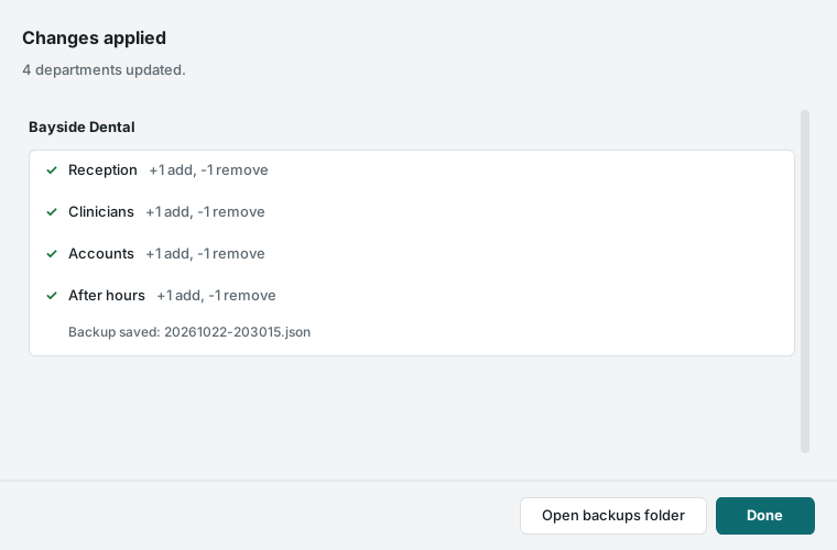 Changes applied screen listing four updated departments and the backup file saved first